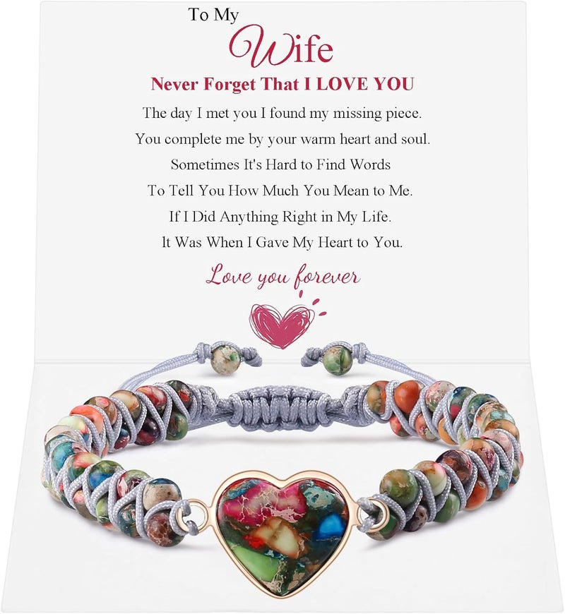 BABORI Jasper Heart Bracelet Adjustable Imperial Stone Beaded Braided Handmade Bracelet for Women Birthday Anniversary Mothers Day Christmas Graduation Jewelry Gifts for Her Mother Daughter - Image 1